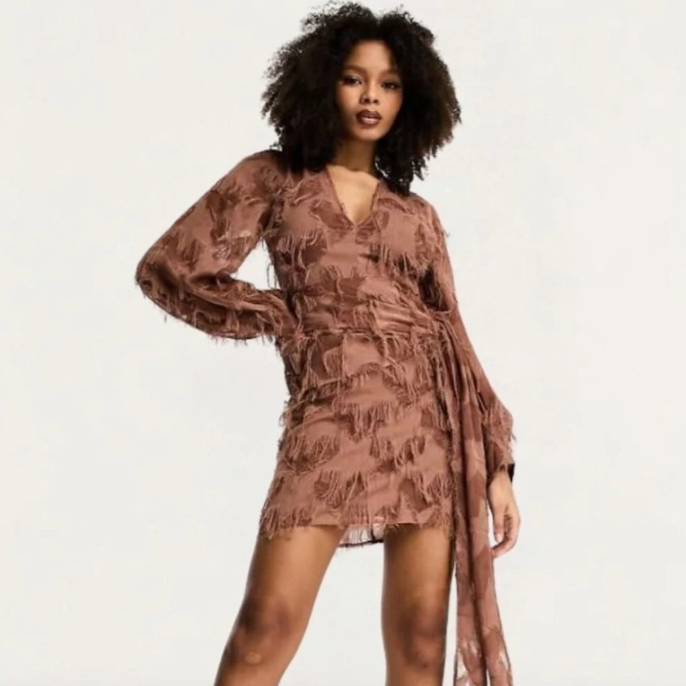 ASOS Wrap Mini Dress Star Eyelash Fringe Balloon Sleeve Brown 4 NWOT